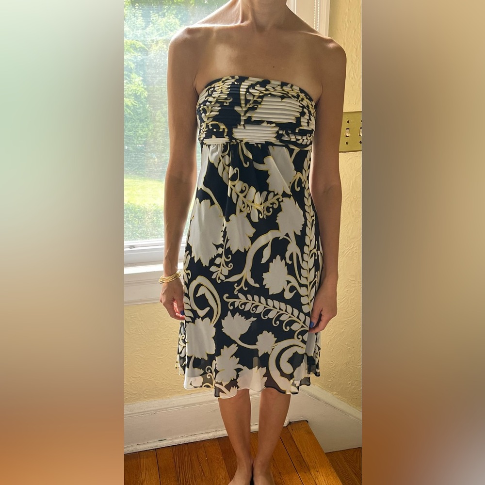 Ann Taylor floral strapless silk dress blue yellow and white